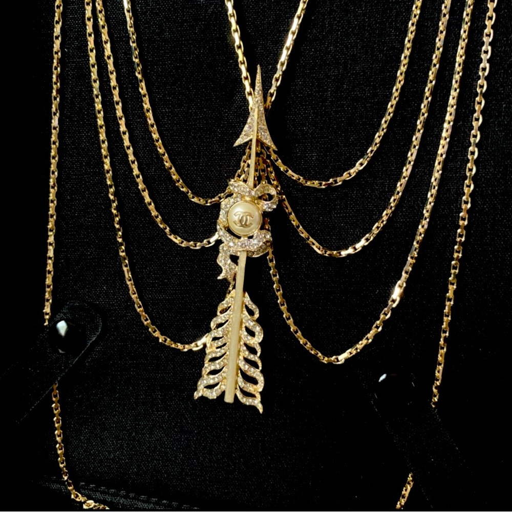 CHANEL Crystal Pearl Multi Strand Chain CC Arrow Necklace Gold